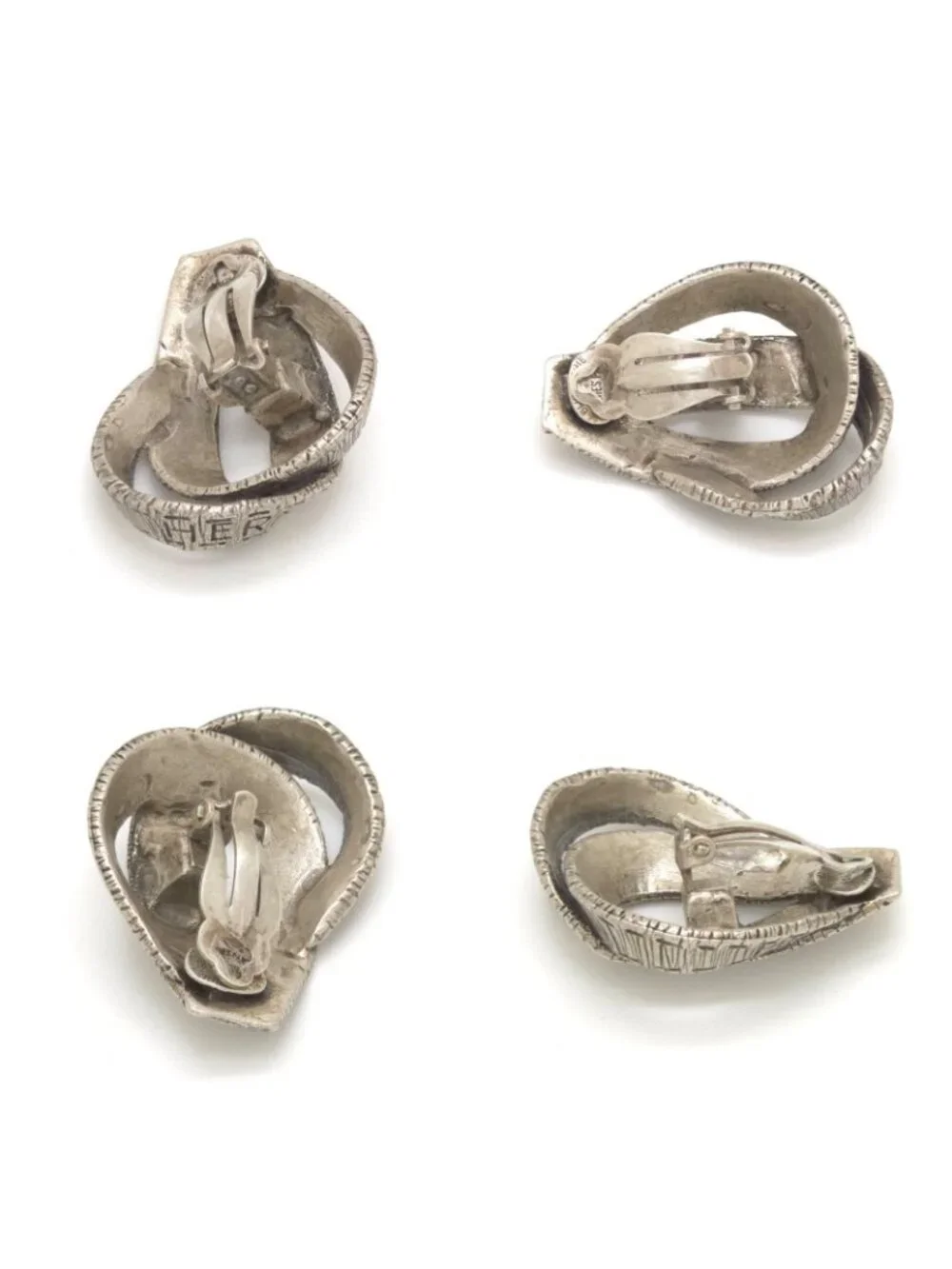 Hermes Logo Ribbon Motif Earrings Clip on Silver